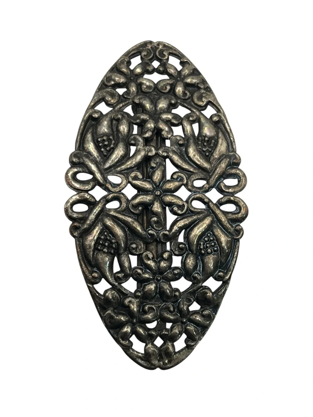 Art Nouveau style silver tone flower filigree oval hair clip barrette